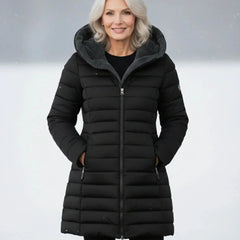 Abigail Plush-Lined Hooded Puffer Coat in Black