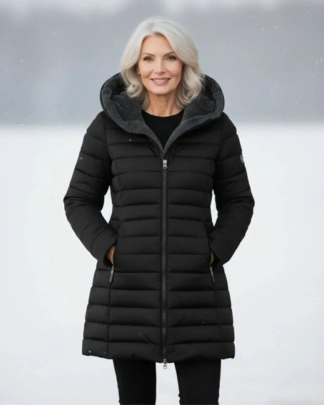 Abigail Plush-Lined Hooded Puffer Coat in Black