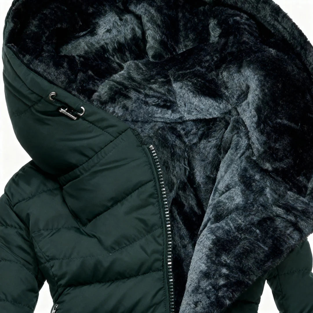 Abigail Plush-Lined Hooded Puffer Coat in Dark Green