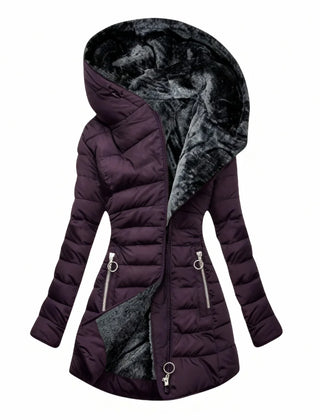 Abigail Plush-Lined Hooded Puffer Coat in Plum