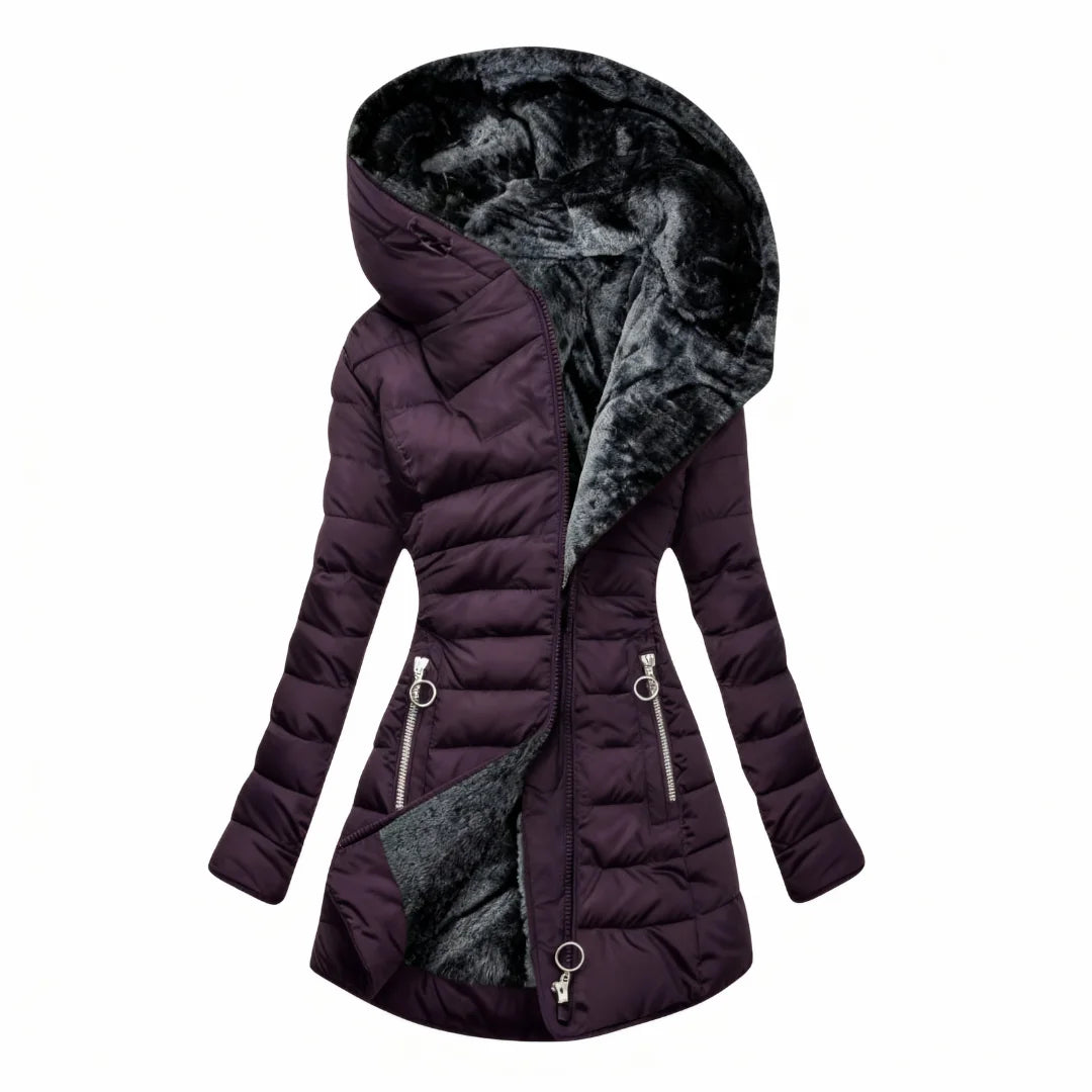 Abigail Plush-Lined Hooded Puffer Coat in Plum