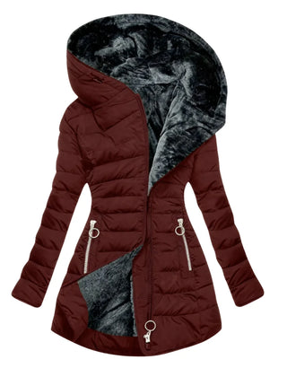 Abigail Plush-Lined Hooded Puffer Coat in Wine Red