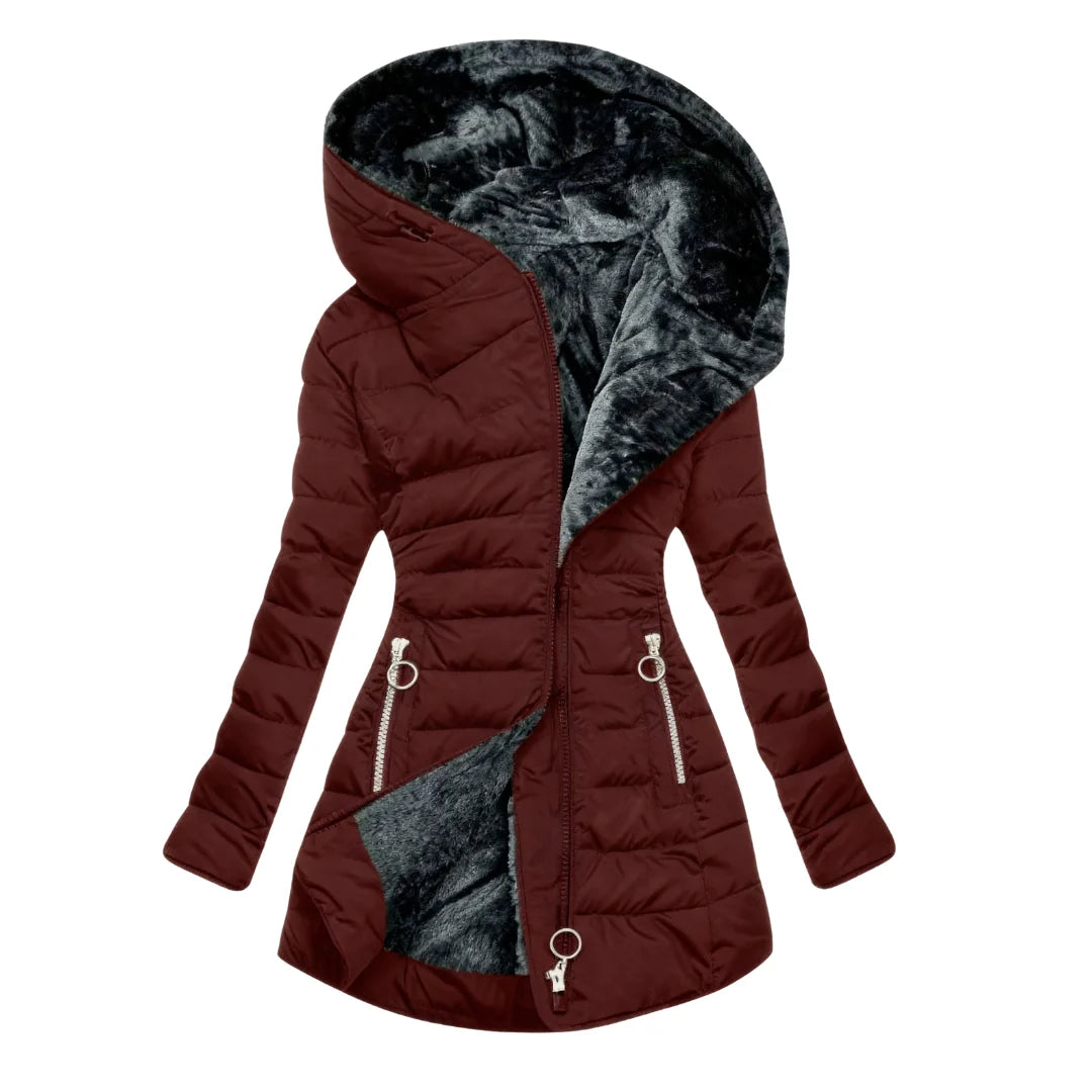 Abigail Plush-Lined Hooded Puffer Coat in Wine Red