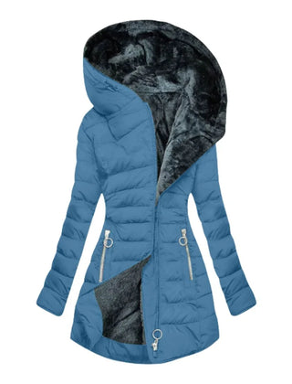 Abigail Plush-Lined Hooded Puffer Coat in Blue