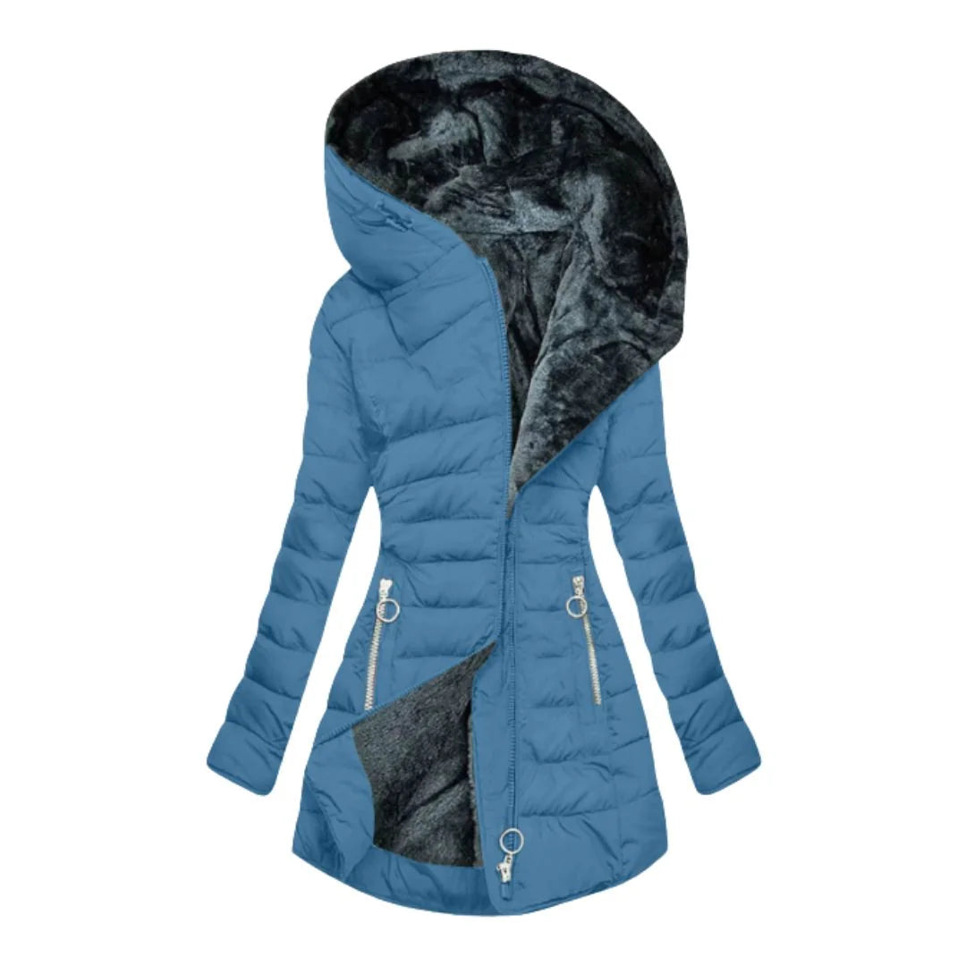 Abigail Plush-Lined Hooded Puffer Coat in Blue