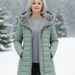 Abigail Plush-Lined Hooded Puffer Coat in Sage Green