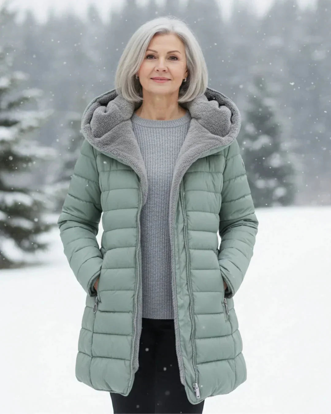 Abigail Plush-Lined Hooded Puffer Coat in Sage Green