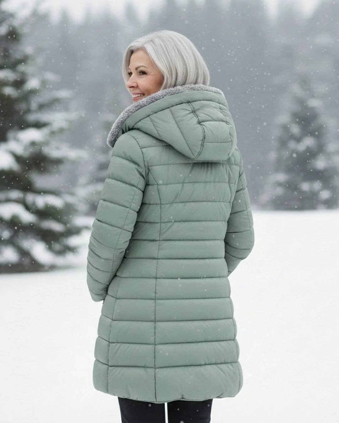 Abigail Plush-Lined Hooded Puffer Coat in Sage Green