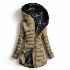 Abigail Plush-Lined Hooded Puffer Coat in Khaki