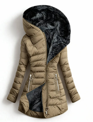 Abigail Plush-Lined Hooded Puffer Coat in Khaki