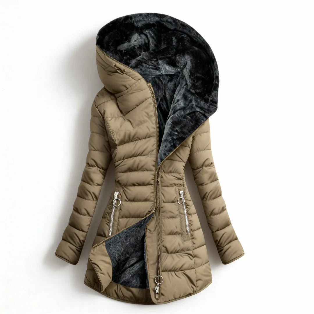 Abigail Plush-Lined Hooded Puffer Coat in Khaki