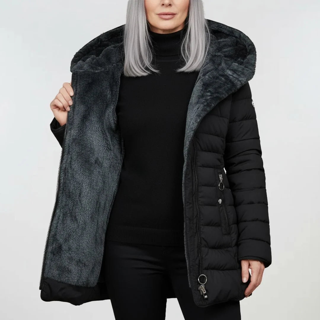 Abigail Plush-Lined Hooded Puffer Coat in Black