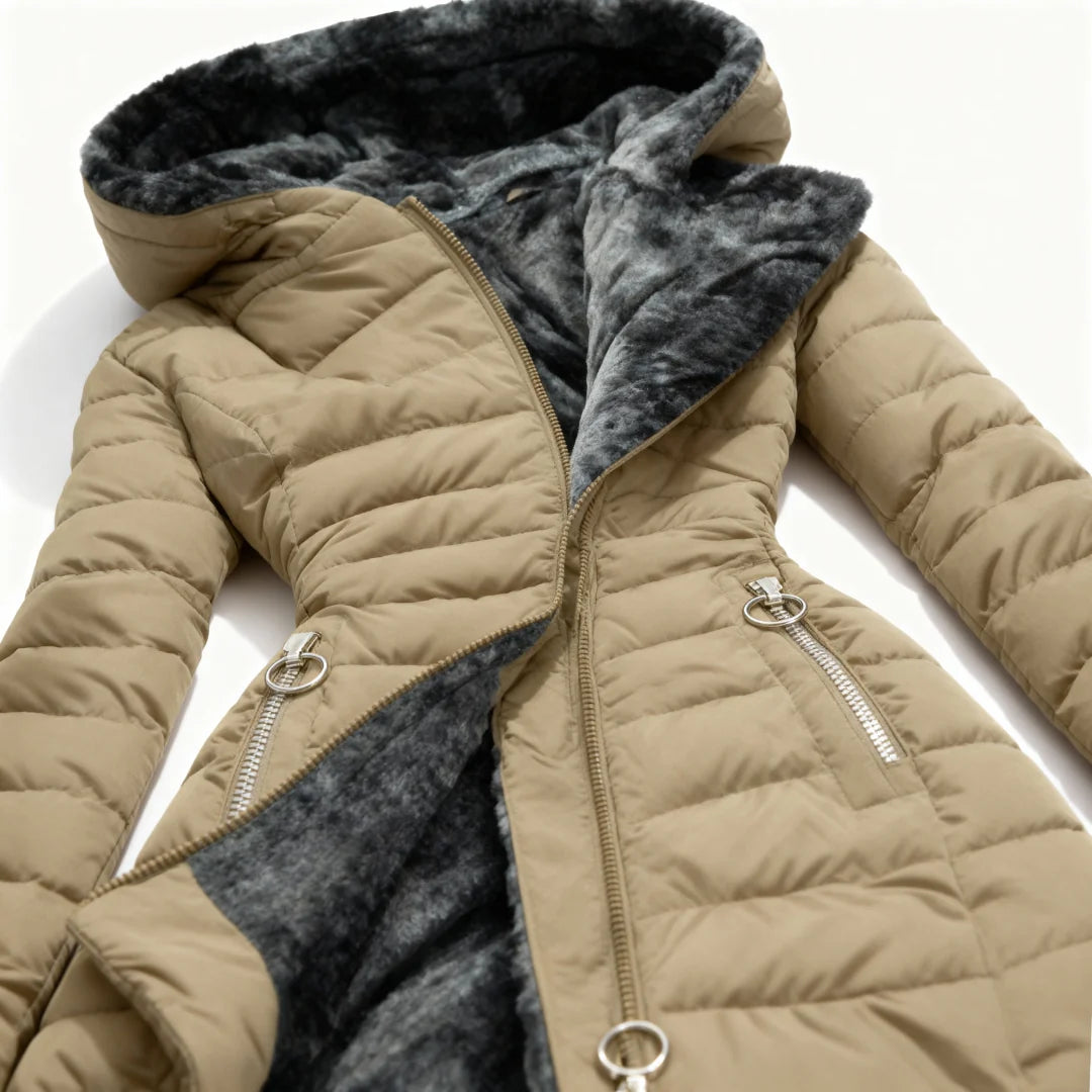 Abigail Plush-Lined Hooded Puffer Coat in Khaki