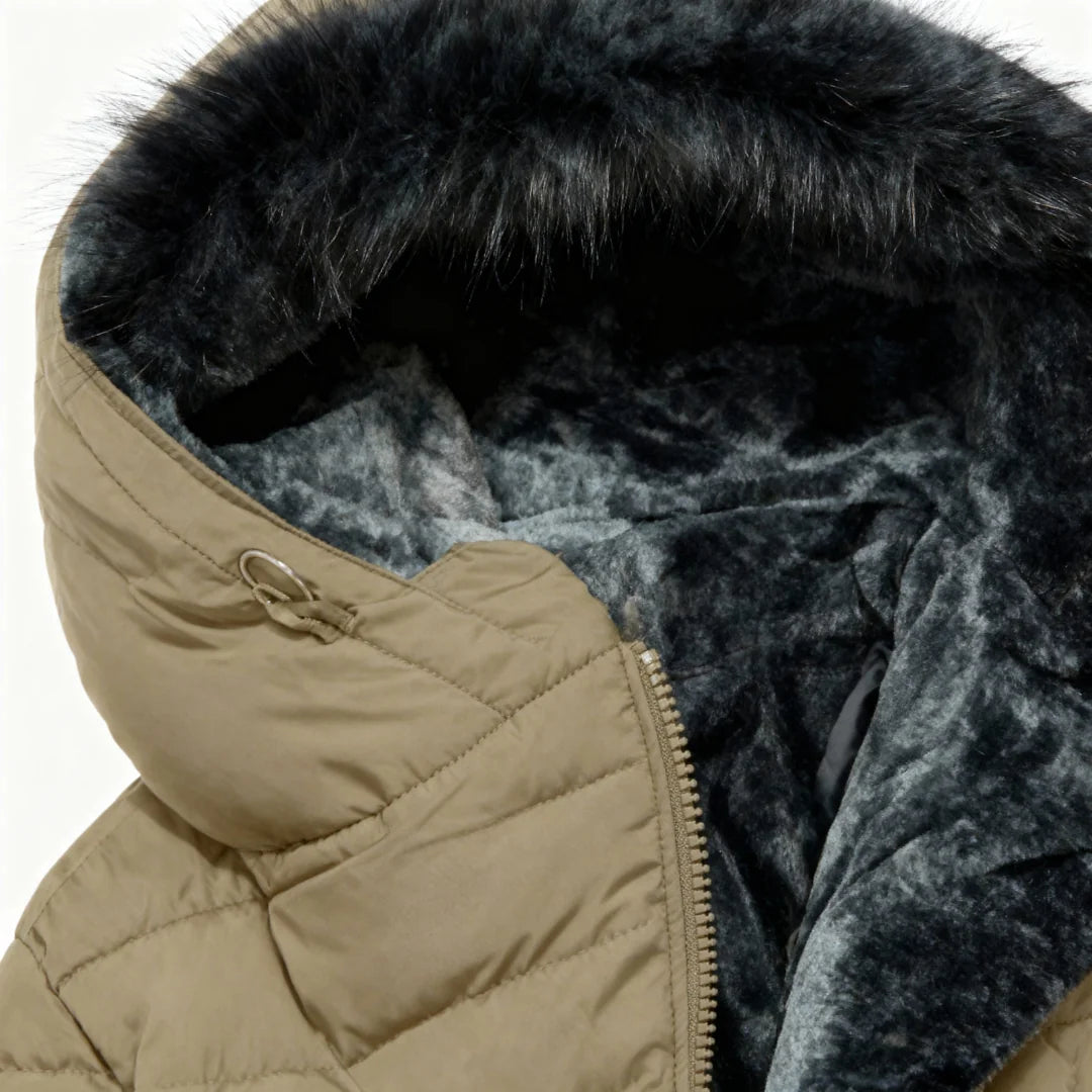 Abigail Plush-Lined Hooded Puffer Coat in Khaki