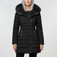 Abigail Plush-Lined Hooded Puffer Coat in Black