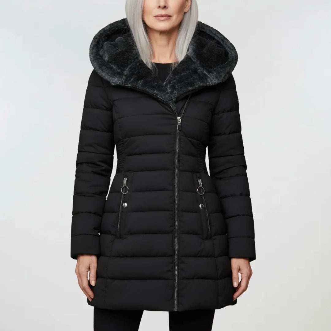 Abigail Plush-Lined Hooded Puffer Coat in Black