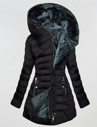 Abigail Plush-Lined Hooded Puffer Coat in Black