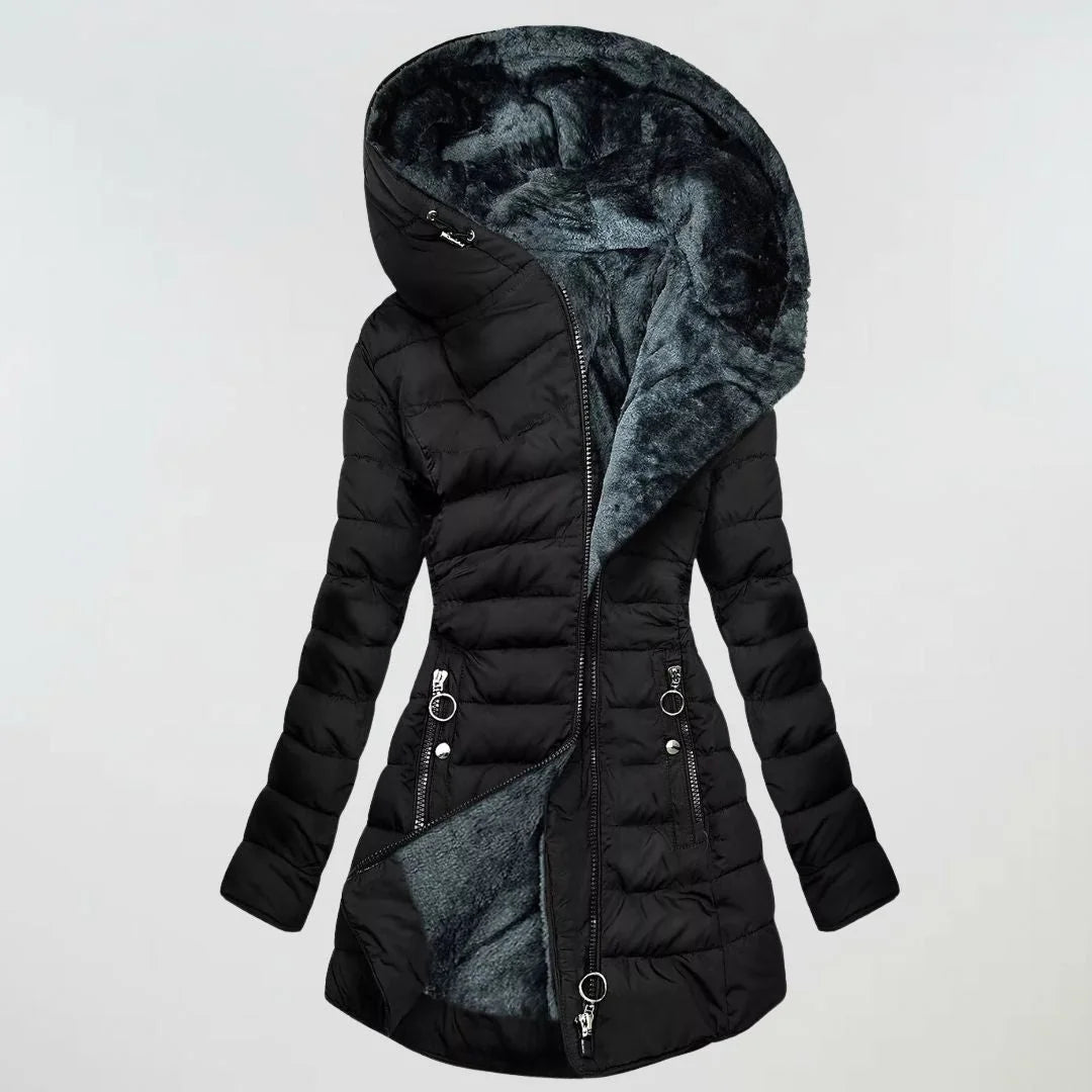 Abigail Plush-Lined Hooded Puffer Coat in Black