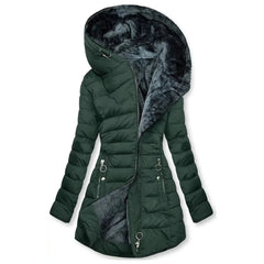 Abigail Plush-Lined Hooded Puffer Coat in Dark Green