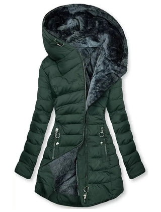 Abigail Plush-Lined Hooded Puffer Coat in Dark Green