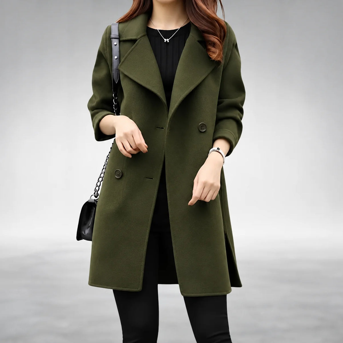 Agnes Double-Breasted Longline Coat in Olive Green