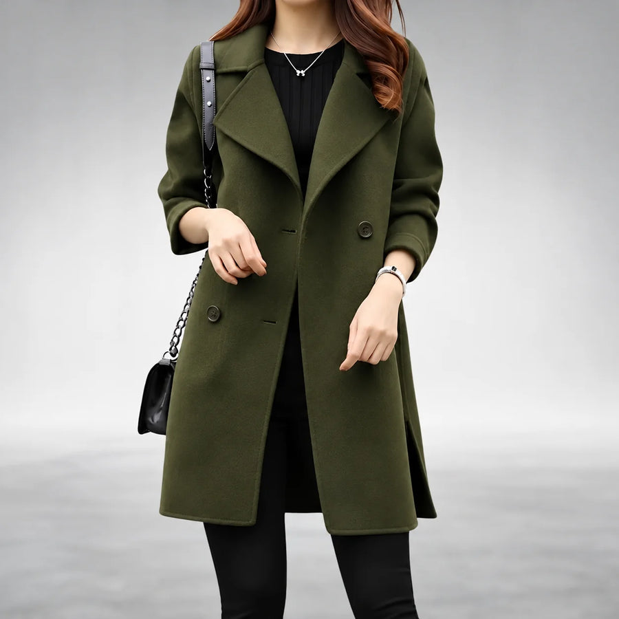 Agnes Double-Breasted Longline Coat in Olive Green