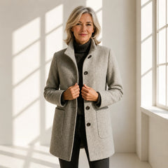 Alice Stand Collar Button-Front Coat in Grey