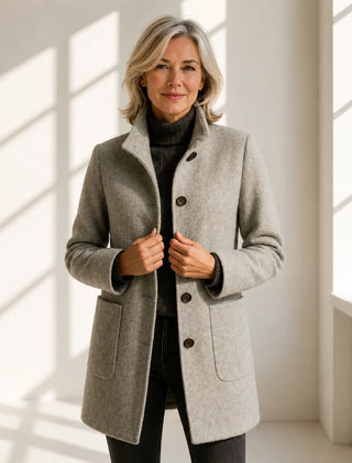 Alice Stand Collar Button-Front Coat in Grey
