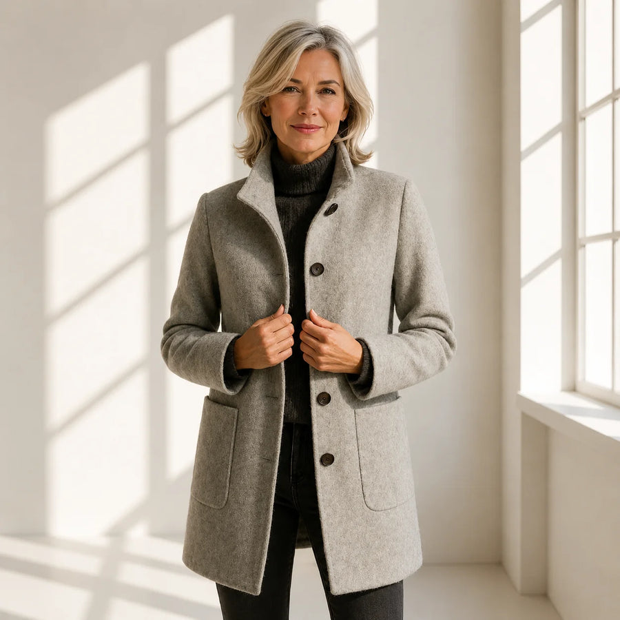 Alice Stand Collar Button-Front Coat in Grey
