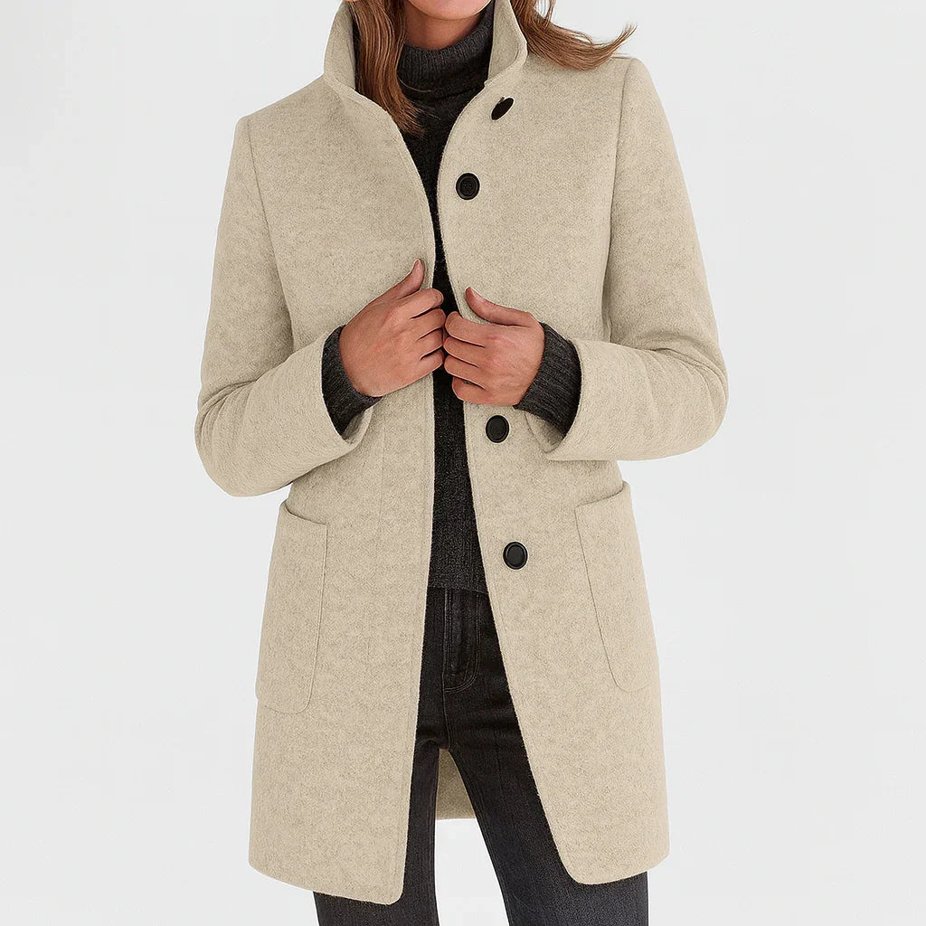 Alice Stand Collar Button-Front Coat in Beige