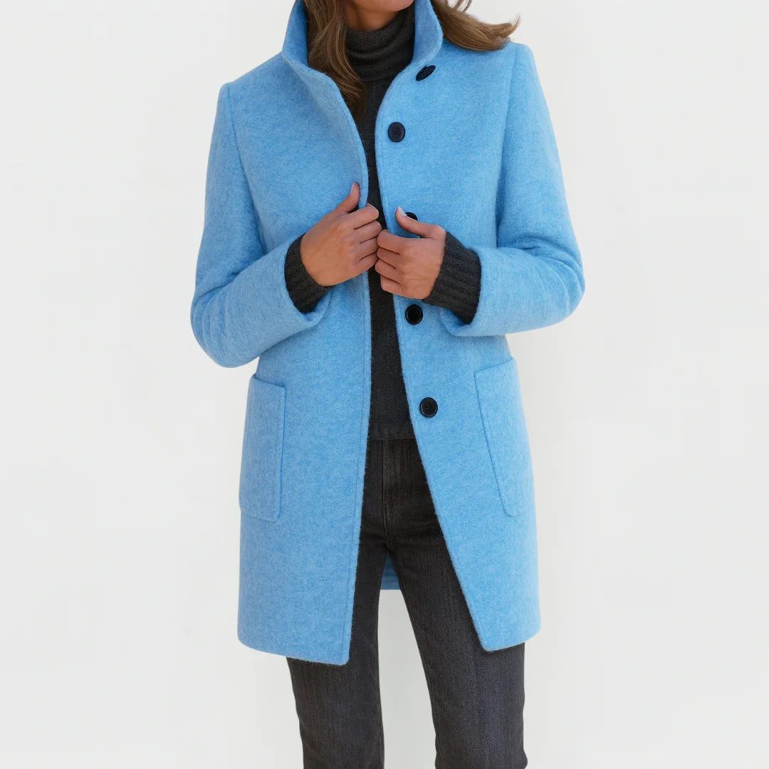 Alice Stand Collar Button-Front Coat in Light Blue