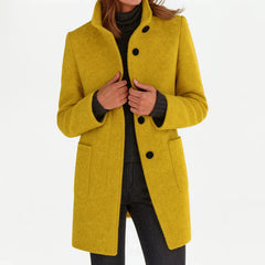 Alice Stand Collar Button-Front Coat in Yellow