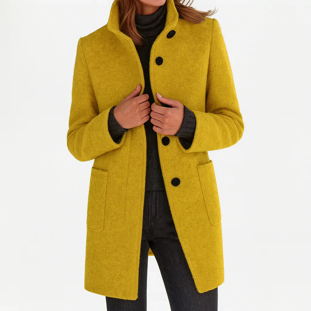 Alice Stand Collar Button-Front Coat in Yellow