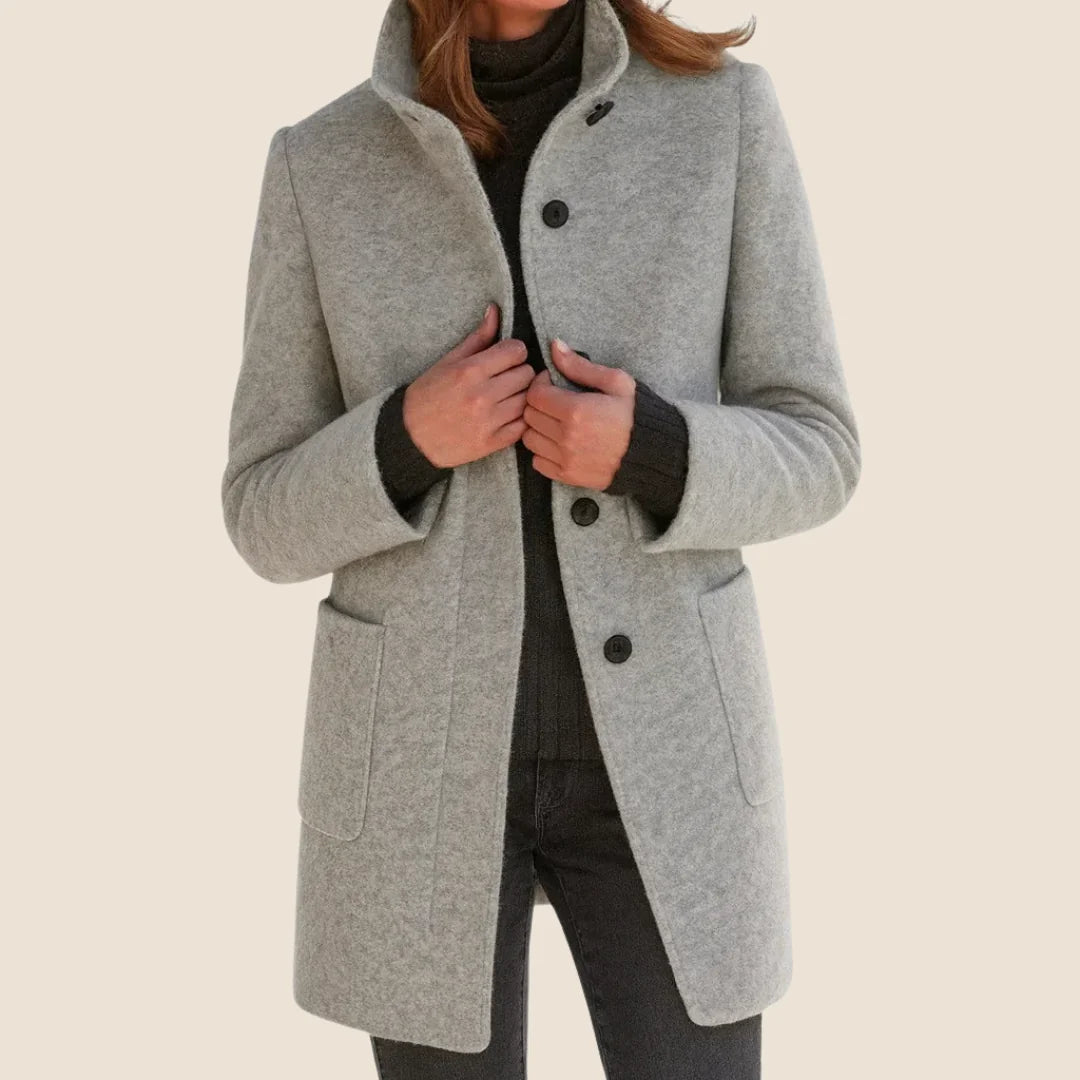 Alice Stand Collar Button-Front Coat in Grey