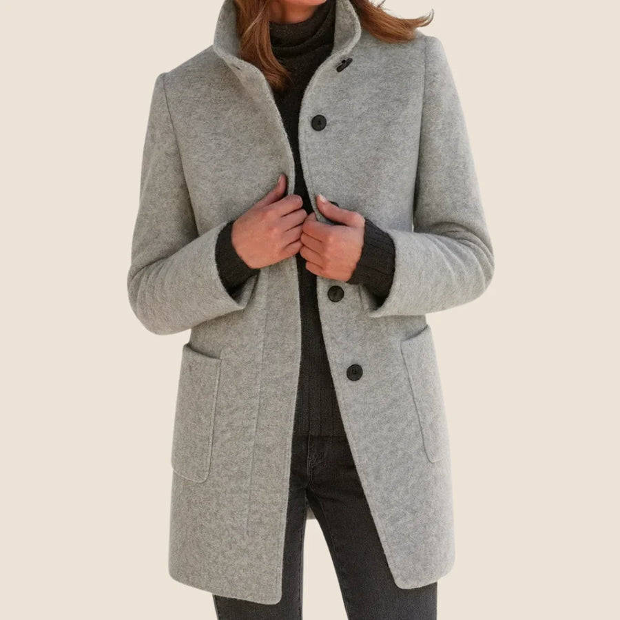 Alice Stand Collar Button-Front Coat in Grey