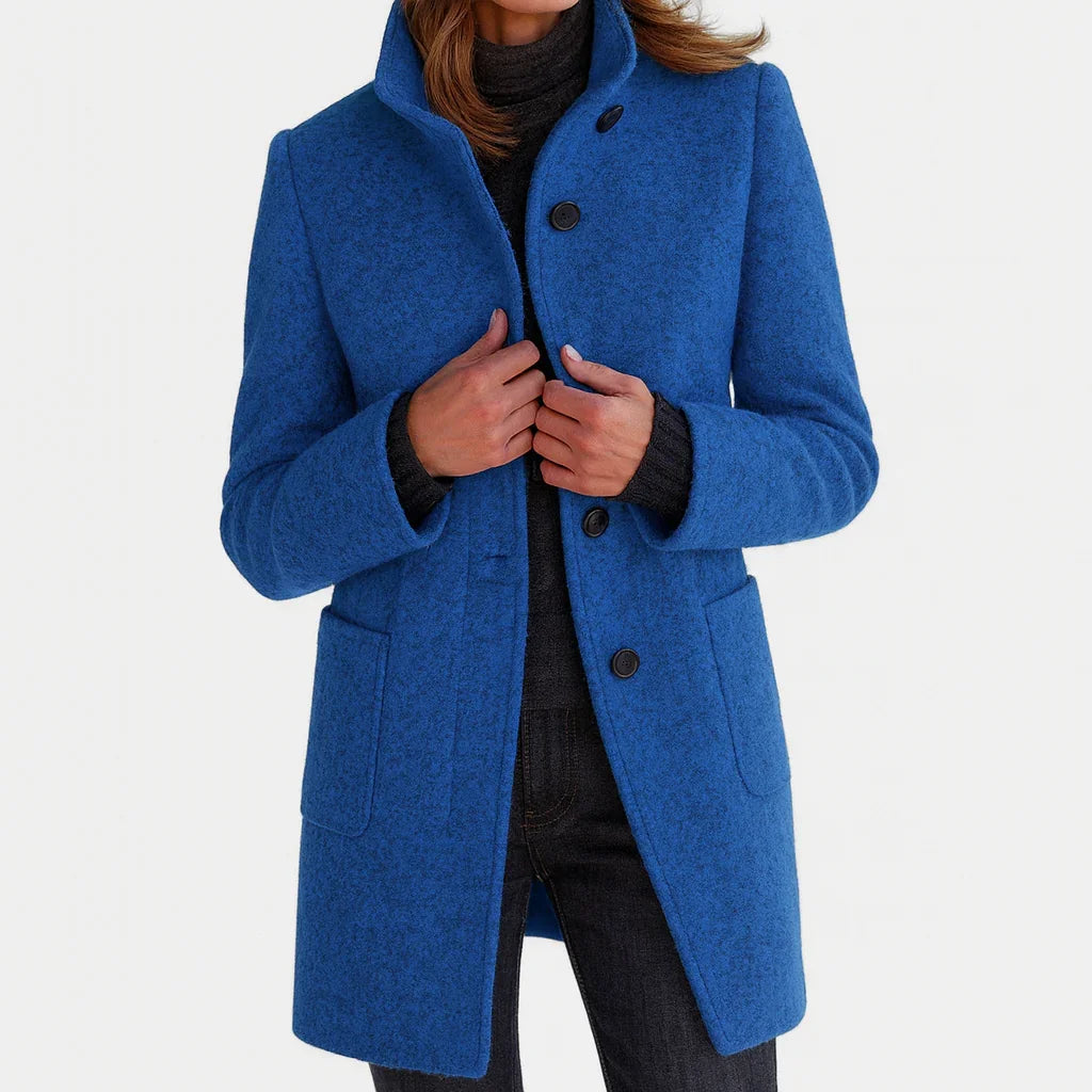 Alice Stand Collar Button-Front Coat in Blue