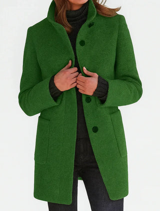 Alice Stand Collar Button-Front Coat in Green
