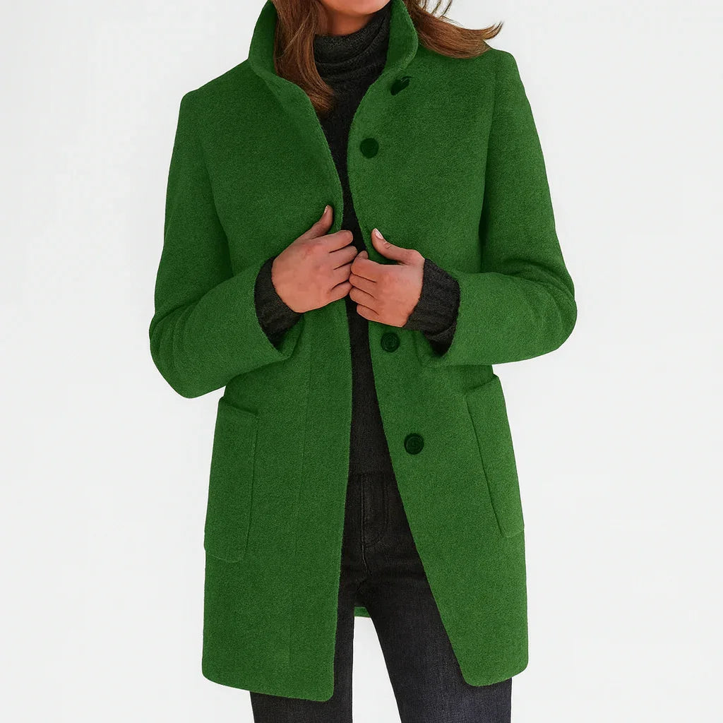 Alice Stand Collar Button-Front Coat in Green