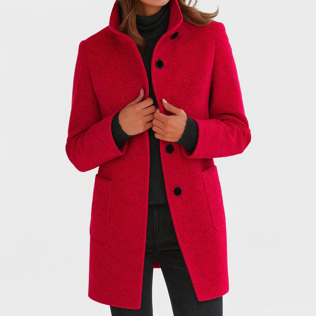 Alice Stand Collar Button-Front Coat in Red