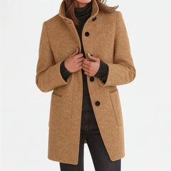 Alice Stand Collar Button-Front Coat in Camel