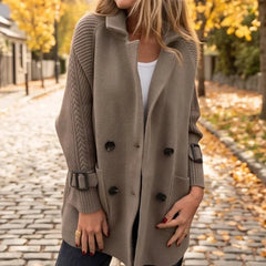 Amelia Cable Sleeve Double-Breasted Coat in Taupe