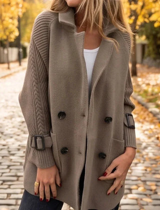 Amelia Cable Sleeve Double-Breasted Coat in Taupe
