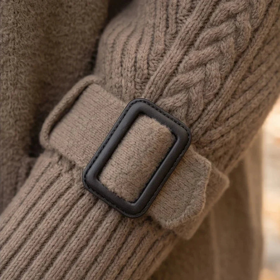 Amelia Cable Sleeve Double-Breasted Coat in Taupe