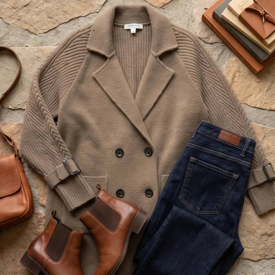Amelia Cable Sleeve Double-Breasted Coat in Taupe
