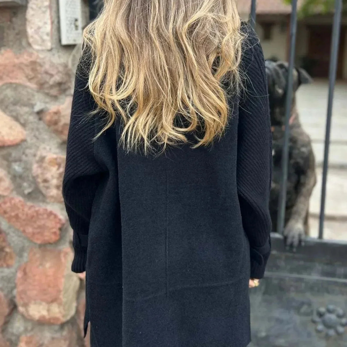 Amelia Cable Sleeve Double-Breasted Coat in Black