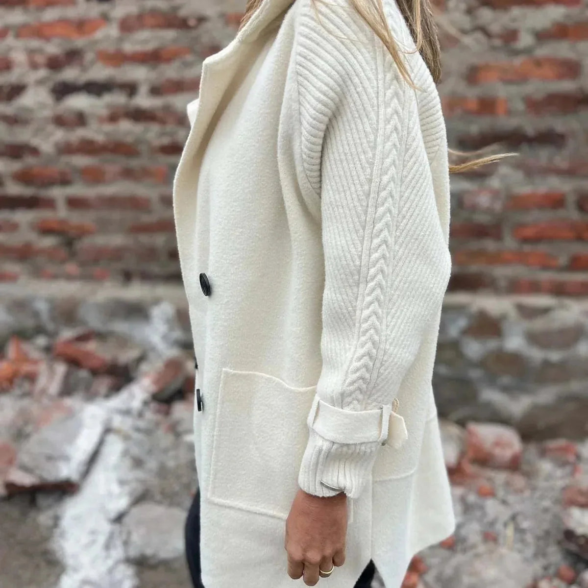 Amelia Cable Sleeve Double-Breasted Coat in Ivory