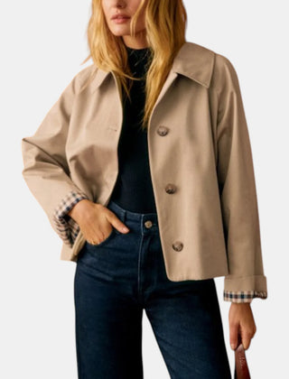 Amy Cropped Check-Cuff Trench Coat in Camel