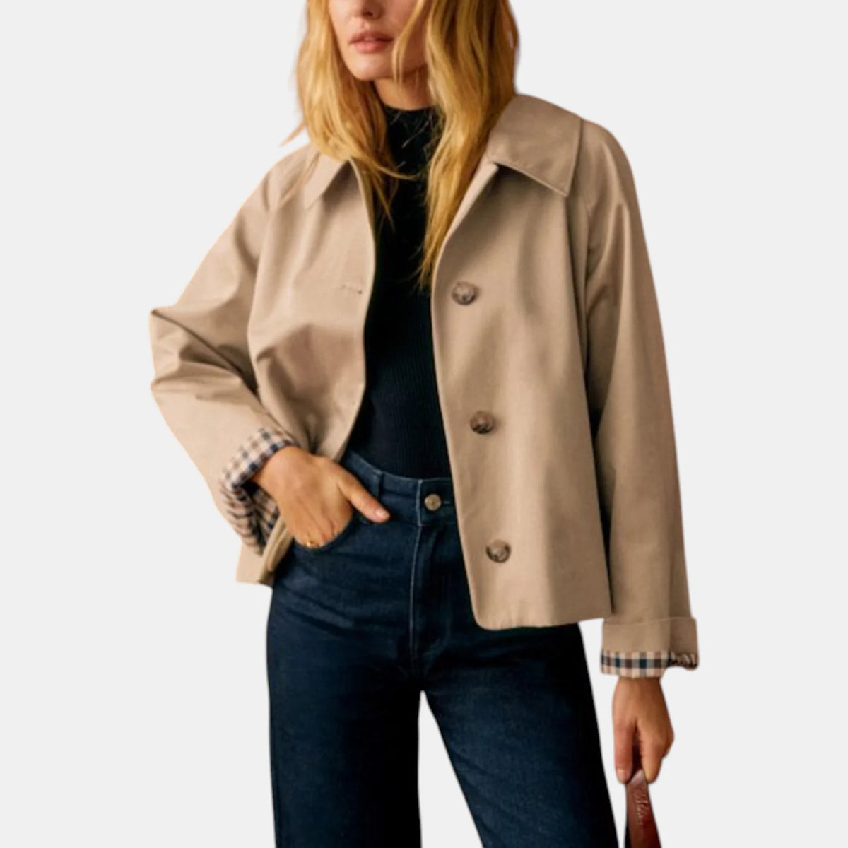 Amy Cropped Check-Cuff Trench Coat in Camel