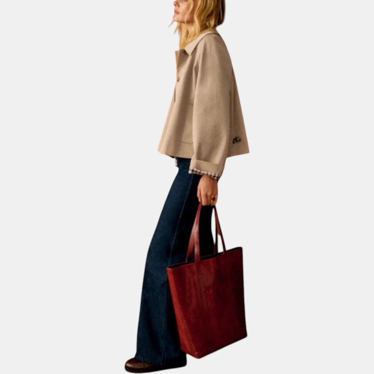 Amy Cropped Check-Cuff Trench Coat in Camel
