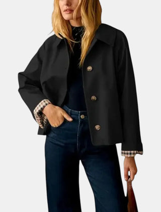 Amy Cropped Check-Cuff Trench Coat in Black